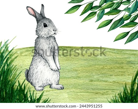 Watercolor wild forest animals: hare, rabbit on forest lawn scene. Woodland hand-painted nature illustration for kids design, postcards, poster and print. Clip art for nursery design