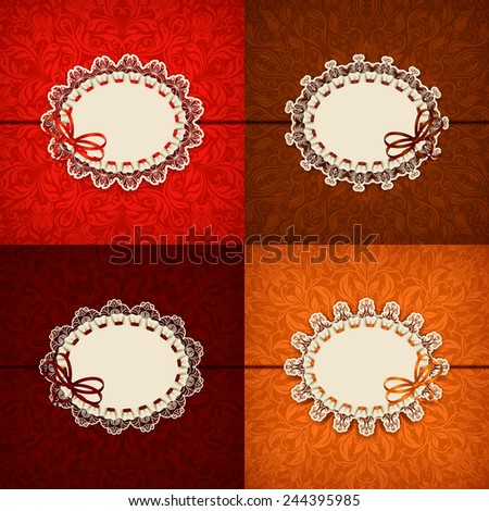 Set of elegant templates for luxury invitation, gift, greeting card with lace ornament, ruffles, ribbon, place for text. Floral elements, ornate background. Vector illustration EPS 10.