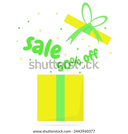 Open gift box and inscription sale. Flat style. Advertising illustration.