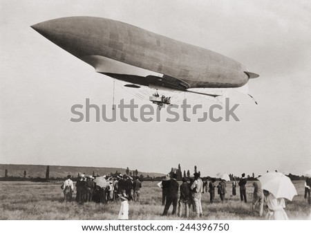 La Republique a semi-rigid airship built for the French army leaving Moisson France in 1907. Built for military observation but crashed in 1909 due to a mechanical failure. Royalty-Free Stock Photo #244396750