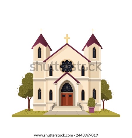 Catholic church building. isolated vector illustration suitable for maps, prints, infographics, greeting cards and posters. A beautiful historical facade of cathedral on a white background. Clip-art.