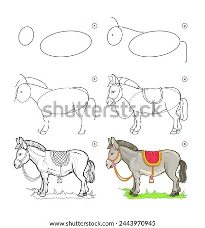 How to draw a cute little donkey. Educational page for children. Creation step by step animal illustration. Printable worksheet for kids school exercise book. Online education. Vector drawing.