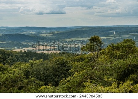Aerial view of Berounka river valley with Karlstejn castle in the background, Czech Republic