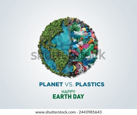 Planet vs. Plastics , Earth day 2024 concept 3d tree background. Ecology concept. Design with globe map drawing and leaves isolated on white background.  Royalty-Free Stock Photo #2443985643