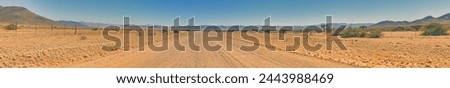 Panoramic picture over a gravel road through the desert like steppe with red sand in southern Namibia under a blue sky in summer