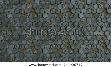 old hexagonal stone floor covered with moss and algae. texture, hexagonal pattern, Dark hexagon wallpaper or background, abstract, hexagon tile floor