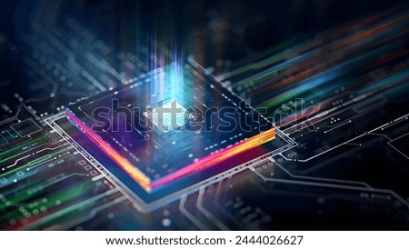 Advanced Mobile Microprocessor Connecting with a Motherboard and Activates entire System. AI Letters on Chip Glowing. Energy Pulse Expanding after CPU Connected to Socket.