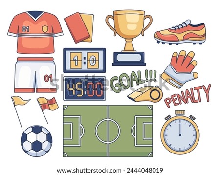 Clip art illustration collection featuring various football elements such as football or soccer balls, jerseys, cleats, whistles, referee cards, etc.