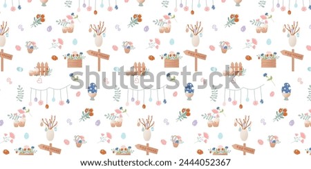 Happy Easter clip art. Pattern with cartoon characters in retro style. Easter bunny, flower box, flowers, basket with Easter eggs, garland, bouquet.