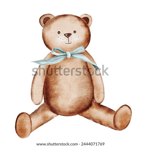 Teddy bear toy. Watercolor illustration hand drawing. Clip art of a bear isolated on a white background. Children's design. Ideal for birthday, baby shower and baptism invitations and cards, as well