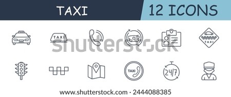 Taxi set line icon. Call, car, transportation, badge, map, GPS, brochure. 12 line icon. Vector line icon for business and advertising