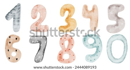 Watercolor Numbers. Set of colorful cute numbers. Clip art isolated on white background. For design of birthday cards and invitations. Children's kawaii style