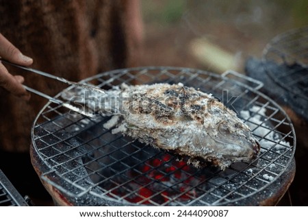 Selective focus Large tilapia covered in salt and grilled on a charcoal grill, with space for text Salt-poached fish grilled on a charcoal grill, a simple meal.