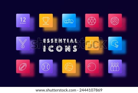Sports set icon. Shoes, soccer ball, skittles, podium, medal, first place, rugby, volleyball, bowling ball, outdoor activity, useful hobby, gradient. Healthy lifestyle concept. Glassmorphism style.