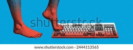Female bare foot stepping on retro computer keyboard against blue background. Contemporary art collage. Journalism metaphor. Concept of retro and vintage, creativity. Poster, banner, ad