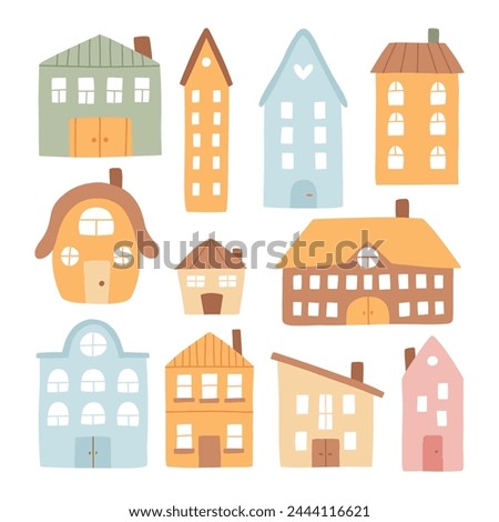 Set of houses in boho style. Vector collection of clip arts with houses in hand-drawn style. Isolated simple houses.
