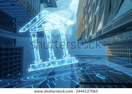 Creative polygonal bank hologram on blurry city background. Digital banking, global networking, cyber security concept. Double exposure