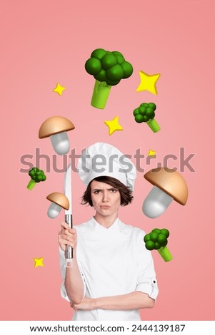 Creative collage picture banner young chef woman hold knife cooker prepare vegan meal dish broccoli fresh meal diet nutrition