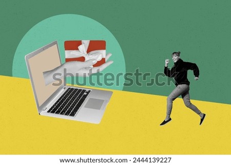 Photo collage artwork minimal picture of excited funky lady ordering presents modern gadget isolated graphical background