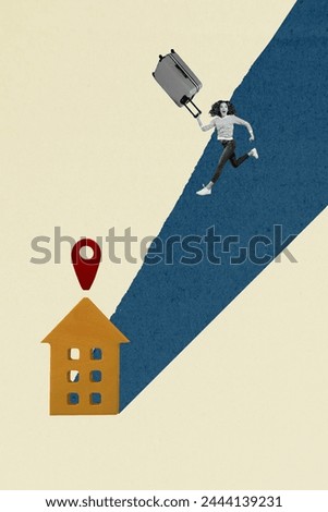 Vertical collage picture of astonished mini black white colors girl hold suitcase run home geolocation mark isolated on beige background