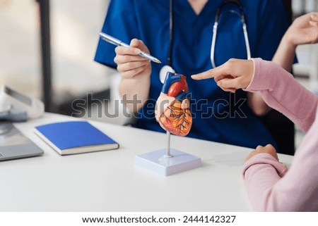 Cardiology clinic, young Caucasian female doctor explains heart disease treatment with a medical heart model for Asian female patients at desk in medical examination room.