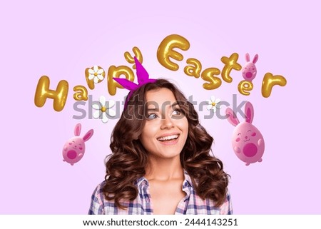 Creative collage picture young happy carefree smiling girl rabbit cute happy easter holiday celebration drawing background