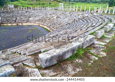 Ancient Greek stadium with large stone tribunes in Messene, Greece