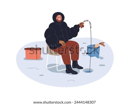 Ice fishing in winter. Fisherman sitting, catching fish with rod in frozen river, lake in cold weather, snow season. Happy fisher man at hole. Flat vector illustration isolated on white background
