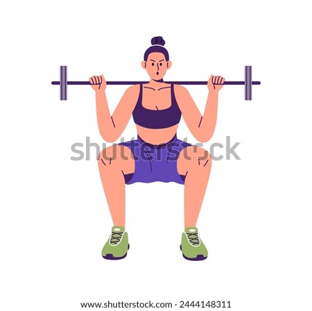 Woman doing squat with barbell. Girl exercising in gym, lifting weights. Female during sport, weightlifting workout, power training. Flat graphic vector illustration isolated on white background Royalty-Free Stock Photo #2444148311