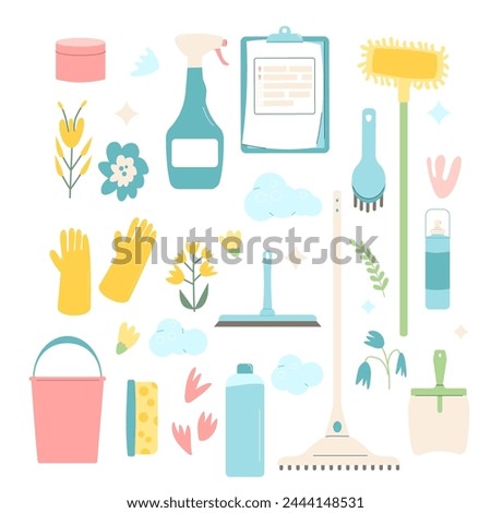 Spring cleaning set. Equipment elements for wash home isolated on white background. Housework concept. Bucket, gloves and mop spray various tools. Vector flat illustration.