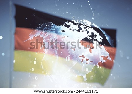 Abstract virtual coding illustration and world map on German flag and sunset sky background, international software development concept. Multiexposure