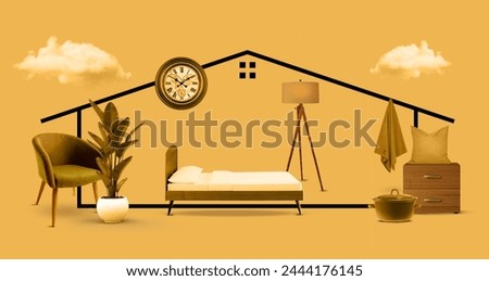collage home interior decoration, collage banner of the kitchen, and living room stuff real picture of plant bed lamp watch closet pillow cooking pot towel yellow mood house decorating open view 
