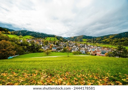 View of the town of Hausach from Husen Castle near Hausach. Landscape with a village in the Black Forest in the Kinzig valley.	 Royalty-Free Stock Photo #2444178581