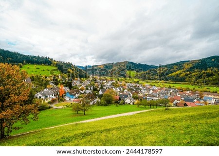 View of the town of Hausach from Husen Castle near Hausach. Landscape with a village in the Black Forest in the Kinzig valley.	 Royalty-Free Stock Photo #2444178597