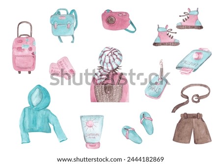 Clip-art of a girl and her travel luggage. Isolated watercolor illustrations