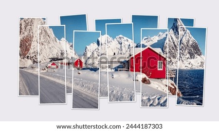 Isolated ten frames collage of picture of Hamnoy village, Lofoten Islands. Cold morning seascape of Norwegian sea. Bright outdoor scene of Norway, Europe. Mock-up of modular photo.