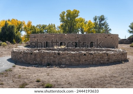 Great Kiva at Aztec Ruins National Monument in New Mexico. Best preserved Chacoan structures including Aztec West great house built by ancestral Pueblo people. Reconstructed kiva, religious site. Royalty-Free Stock Photo #2444193633