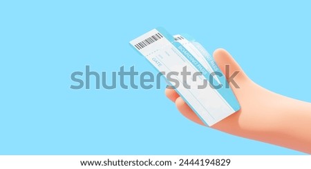Cartoon hand holding two boarding pass ticket, empty copy space blue background. Concept of travel, trip, vacation, tourism and booking. 3D rendering illustration