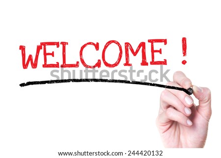 Hand writing Welcome. Hand writing Welcome with marker on a transparent board.
