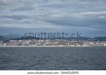 View of the city and the port, the populous neighborhood of Bouzas, the Castro and in the background the Monte Alba from the Ría de Vigo, city of Vigo, Galicia, Spain