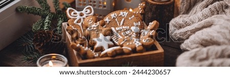 Banner. Wooden box with homemade delicious gingerbread cookies decorated with white icing. Handmade zero waste gift for Christmas or New Year. Cozy home atmosphere, fairy lights, fir tree branches