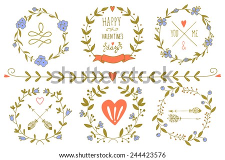 Set of Valentine's day and wedding wreaths and other design elements. EPS 10.