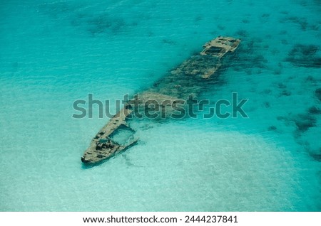 Sunken ship at the reef in Kuna Yala. San Blas archipelago, Caribbean, Panama, Central America - stock photo
