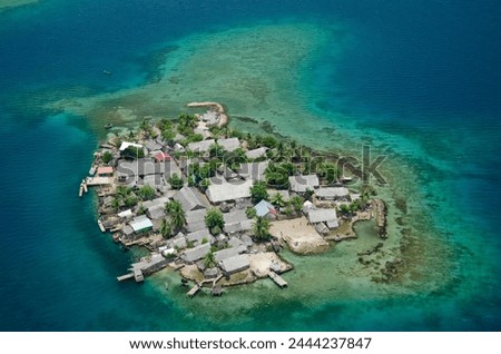 Aerial view of thatched houses and palm tree forest in island. San Blas archipelago, Caribbean, Panama, Central America - stock photo