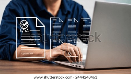 Business standard certificate concept. Businessman holding Certified business documents on virtual screen . International standard certification of product.