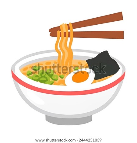 Japanese  Food ramen noodles illustration vector clip art.  A bow of ramen and chopsticks. Beef noodles and egg with curry. Steaming bowl. 