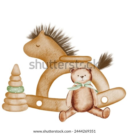 Watercolor illustration of wooden children's toys. Hand drawn pyramid rocking horse and teddy bear. Clip art isolated on white background. Ideal for birthday and baby shower cards and invitations