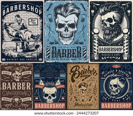 Hipster barbershop set posters colorful with words haircut and shaving near skulls with beards and stylish hairstyles vector illustration Royalty-Free Stock Photo #2444273207