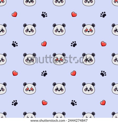 Vector seamless pattern with cute pandas, hearts love and footprints on blue background