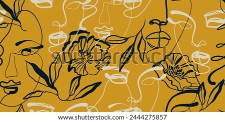 Seamless pattern line drawing of women with different faces and floral.
